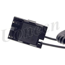 Load image into Gallery viewer, LP E6 Dummy Battery to Dtap male Spring Power Coiled Cable for SmallHD 501 502 702 Monitor and Canon 5D4 5DSR 5D2 5D3 6D 60D 7D 7D2 70D 80D
